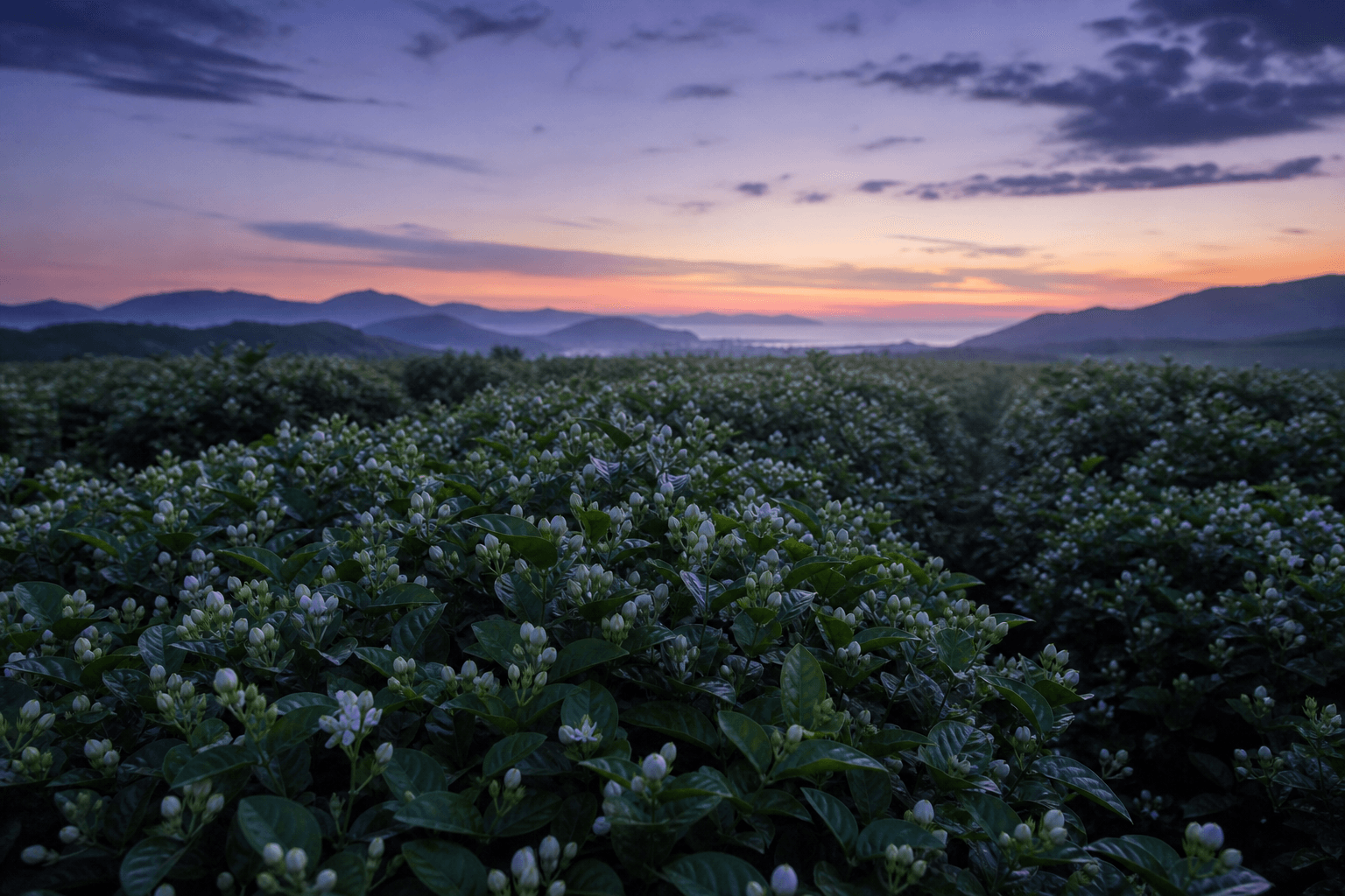 A jasmine plantation at twilight with small white star-shaped sambac blossoms about to open on dense glossy green bushes