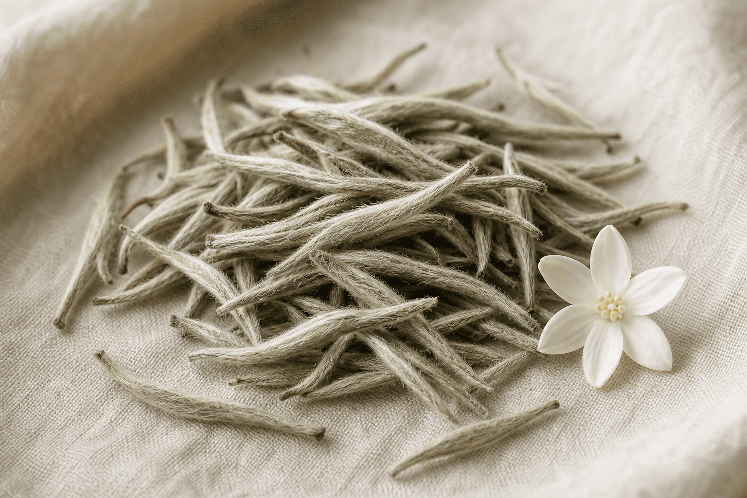 Close-up of pristine silvery-white downy Bai Hao Yin Zhen buds on cream linen with a single small white jasmine blossom for reference