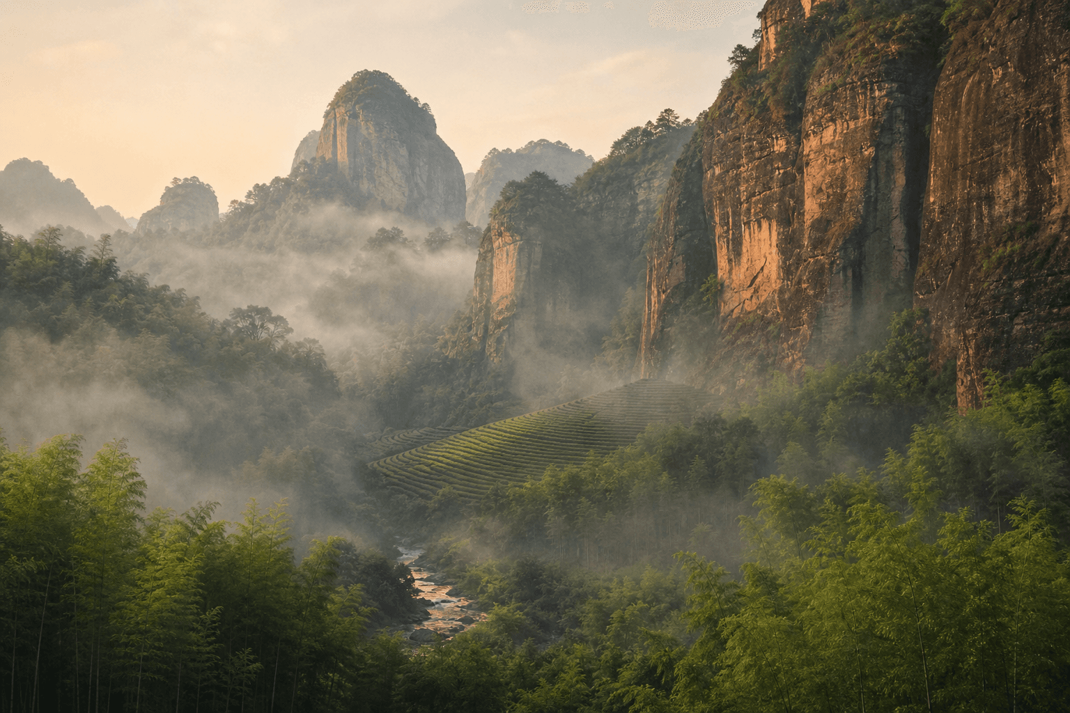 Dramatic Wuyi mountain landscape — sandstone cliffs rising over misted bamboo forest with a small tea garden tucked between