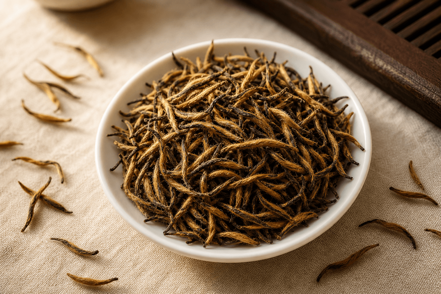 Close-up of golden-tipped Jin Jun Mei tea buds in a small porcelain dish, fine downy fuzz visible on each bud