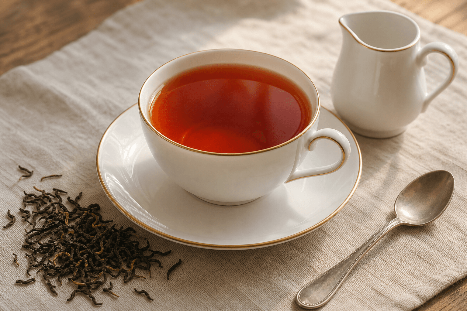 Deep red-amber Keemun liquor in a fine bone china teacup on a saucer, warm window light