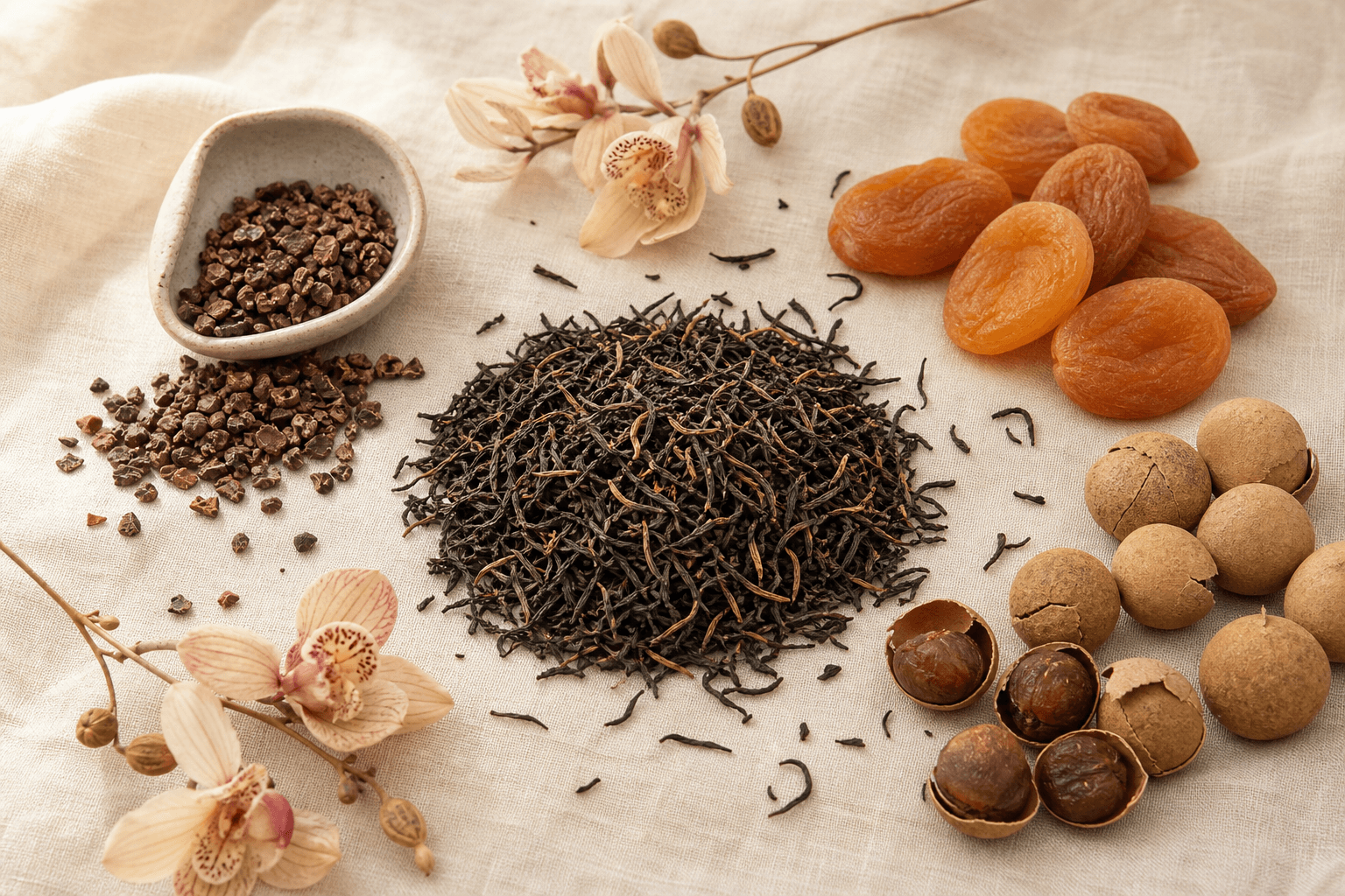 Warm autumn-toned still life with Keemun leaves, cocoa nibs, dried apricots and longan on cream linen