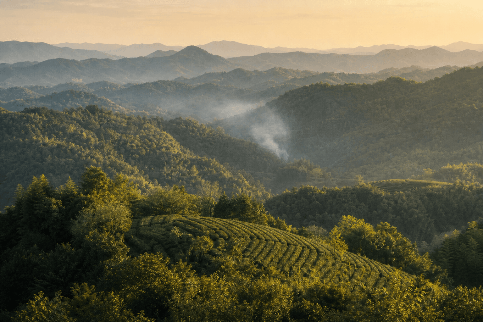 Rolling forested hills of Qimen County in Anhui, with low tea fields under soft afternoon light