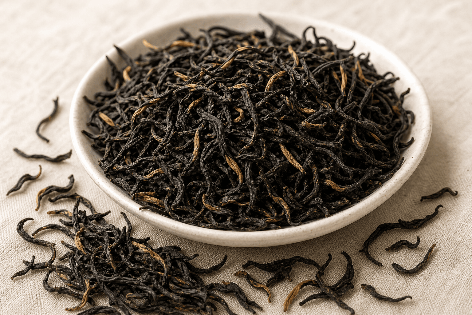 Close-up of slim tightly-twisted Keemun Hao Ya leaves with visible golden tips on cream linen