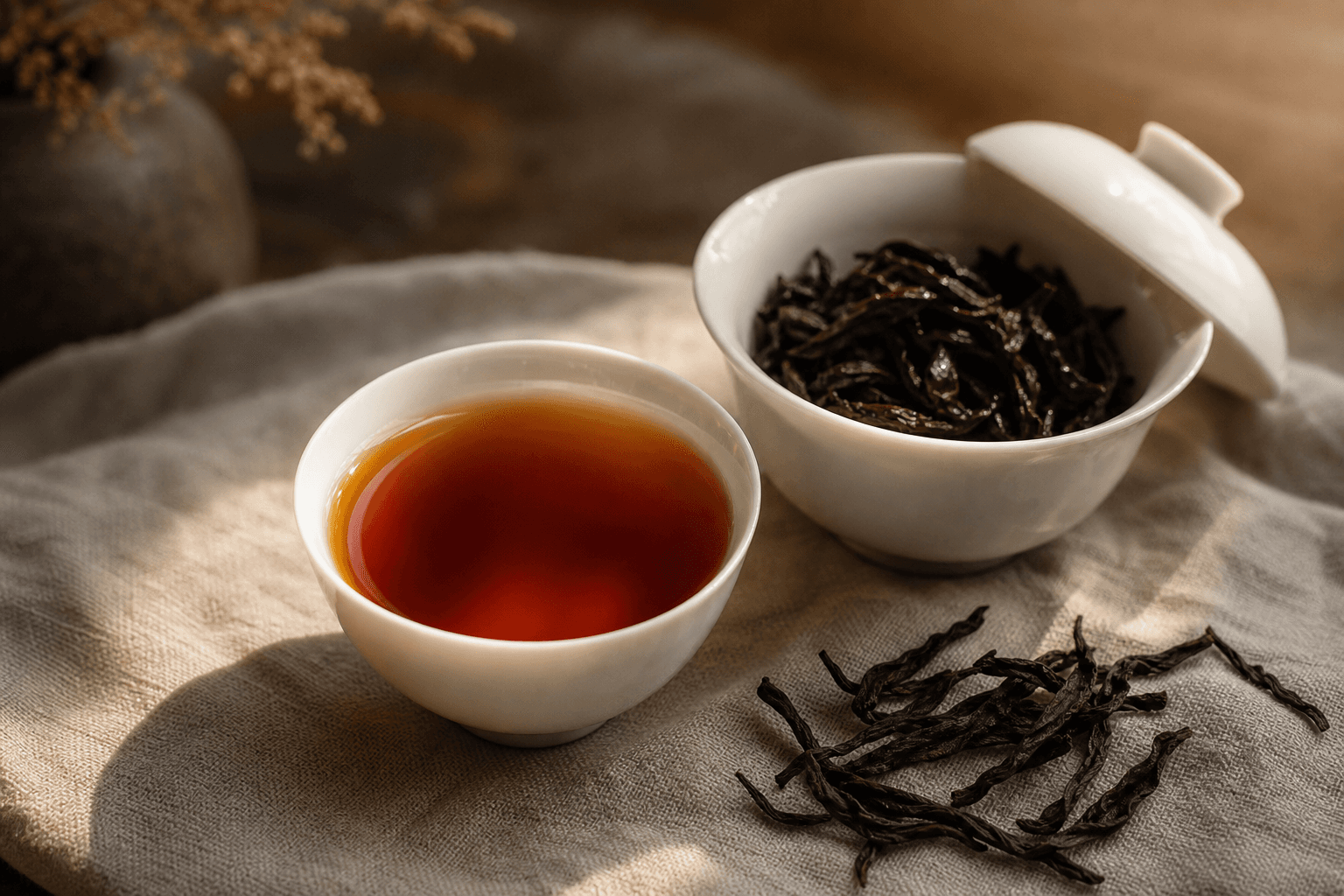 A small white porcelain cup of deep amber-mahogany Lapsang Souchong liquor on cream linen, gaiwan beside, warm window light