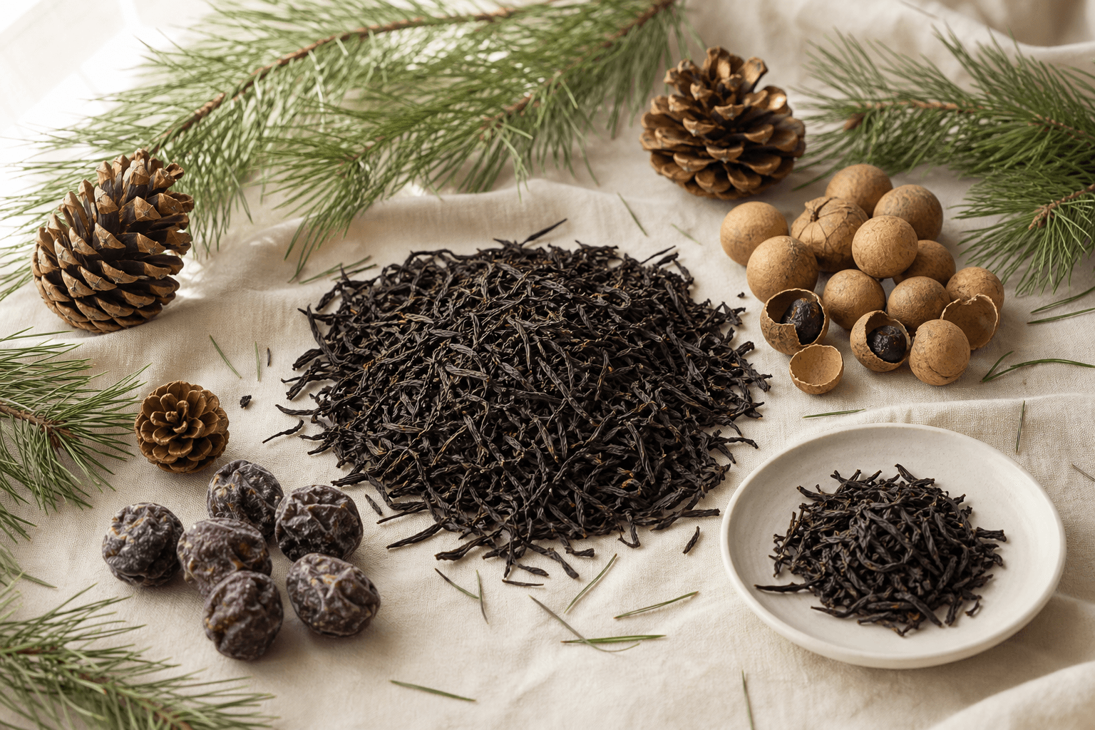 Bright still life of pine boughs and pine cones with dark roasted Lapsang Souchong leaves and dried longan and plum on cream linen