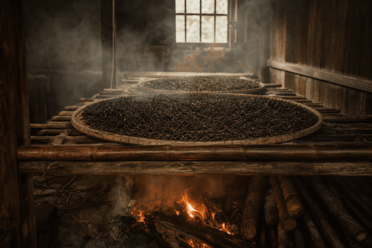 Inside a traditional bamboo drying loft in Tongmu, with tea spread on bamboo mats above a slow pine fire below, warm fire-glow and drifting smoke