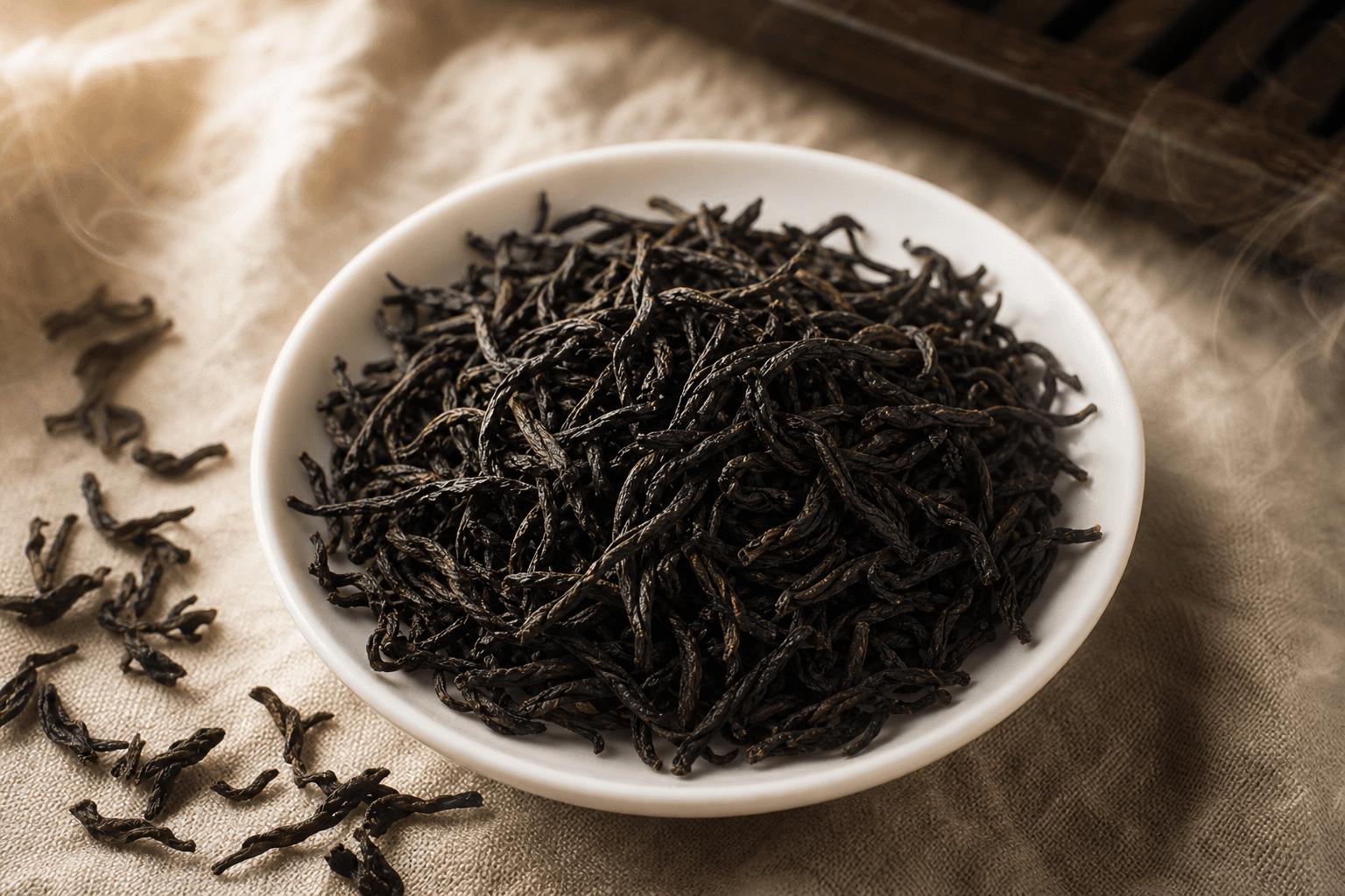 Close-up of long dark twisted Lapsang Souchong leaves on cream linen, distinctly darker and more roasted-looking than ordinary black tea