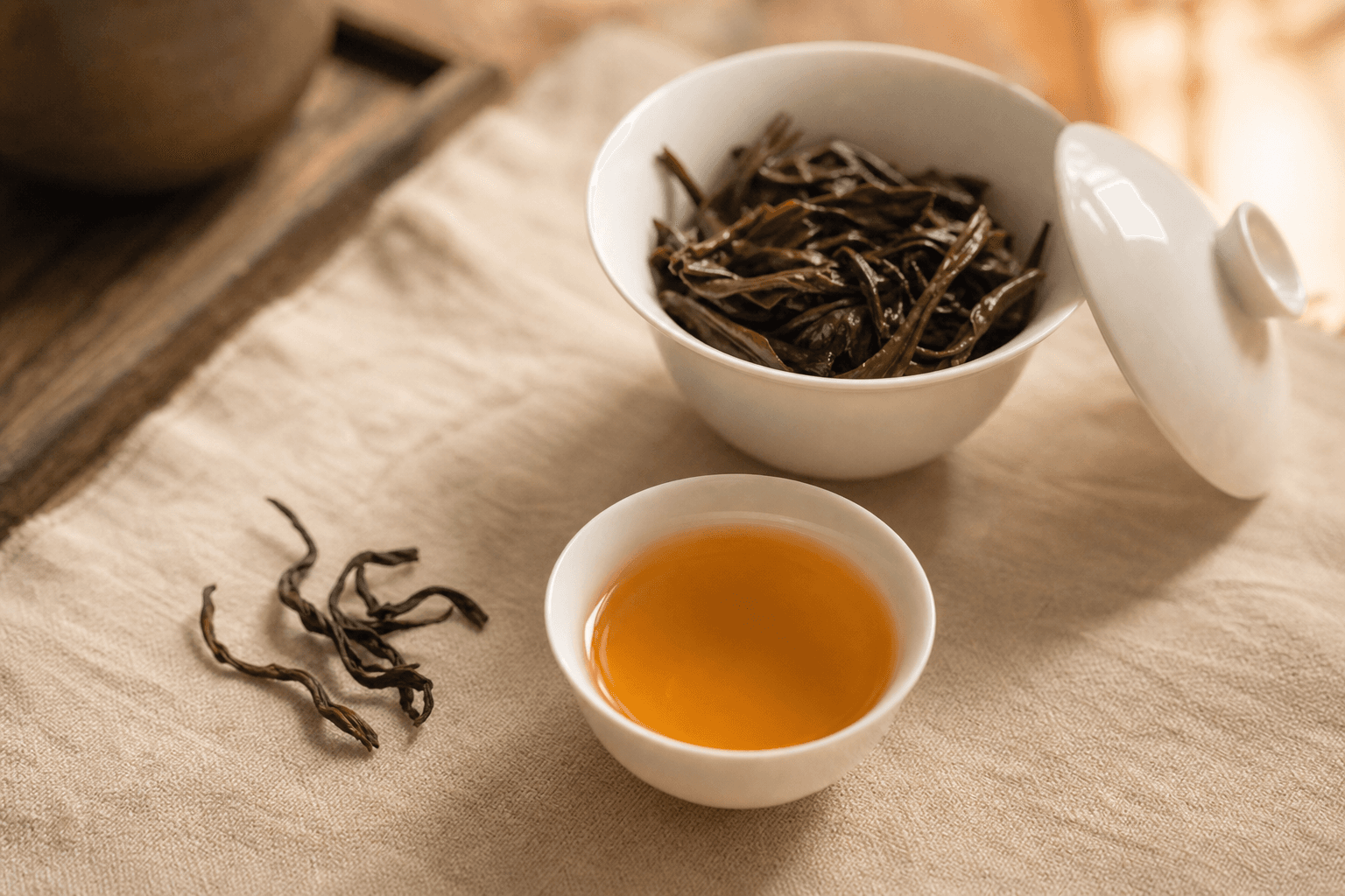 Amber-gold Mi Lan Xiang liquor in a small white porcelain cup, an open gaiwan beside it showing long unfurled dark leaves