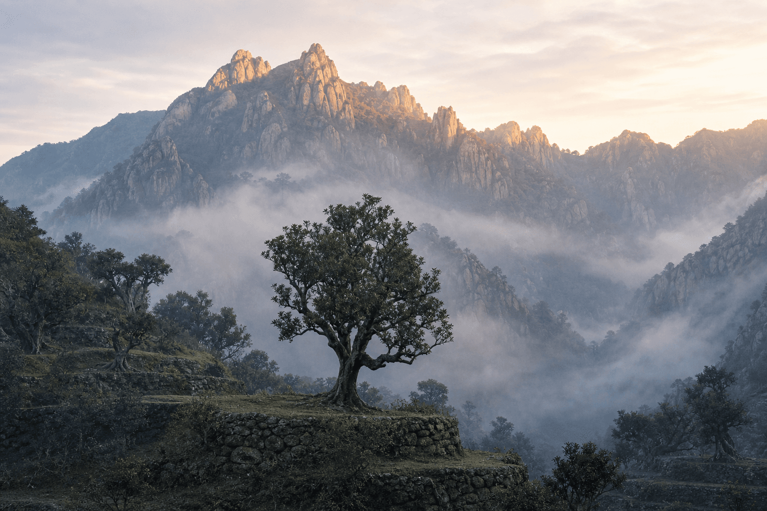 The granite peaks of Fenghuang Shan in Guangdong with mist drifting through ancient gnarled tea trees on the slopes