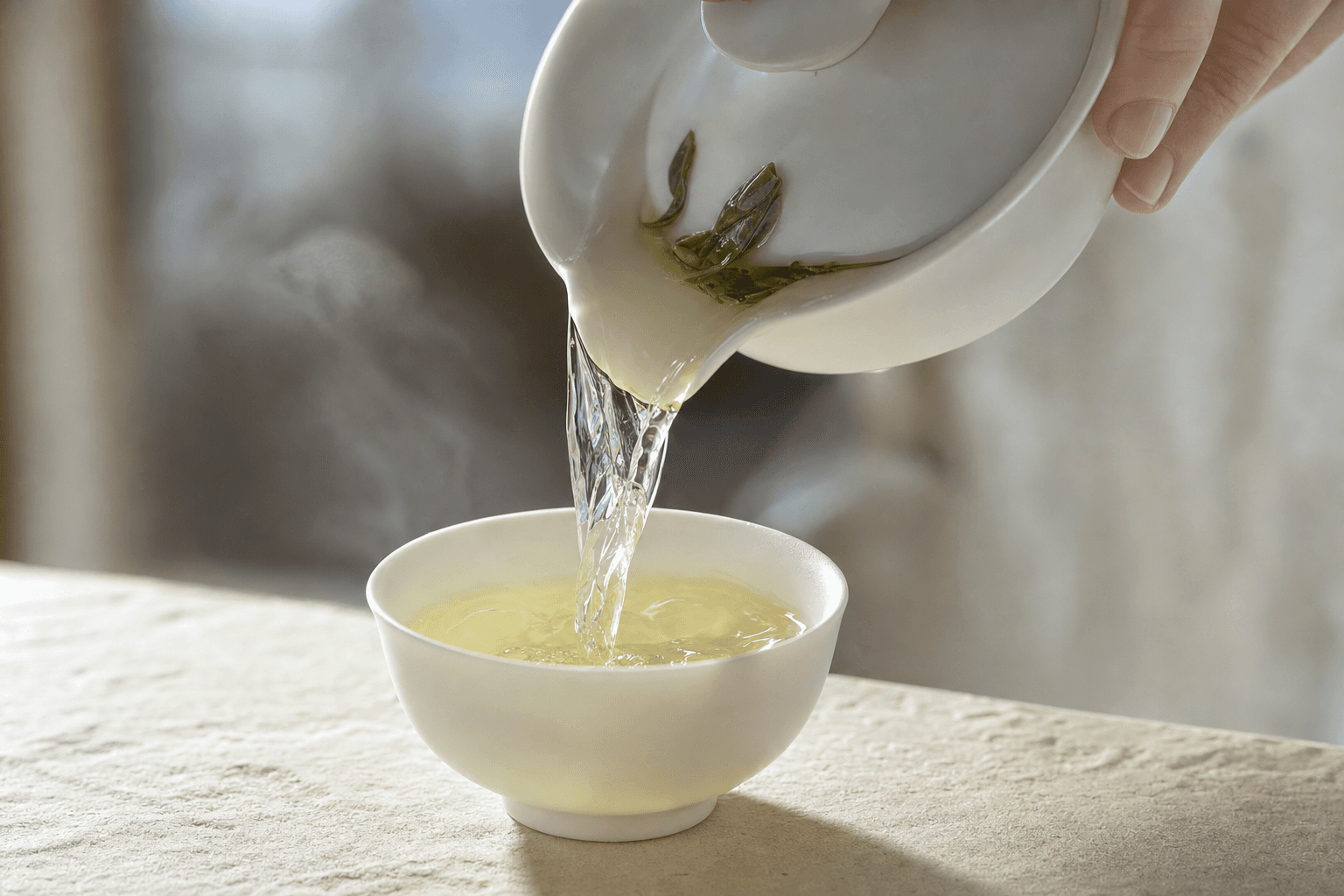 Luminous pale jade Mountain Crown Reserve Oolong poured from a white gaiwan into a small porcelain cup, steam rising