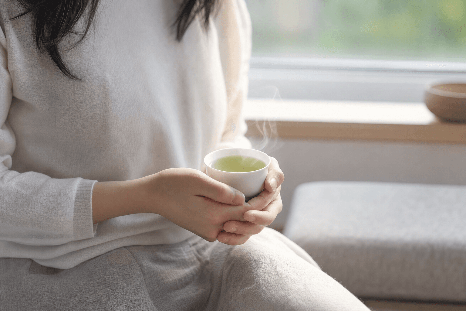 A poised woman by a bright window cradling a small white porcelain cup of pale jade Mountain Crown Reserve Oolong, at rest