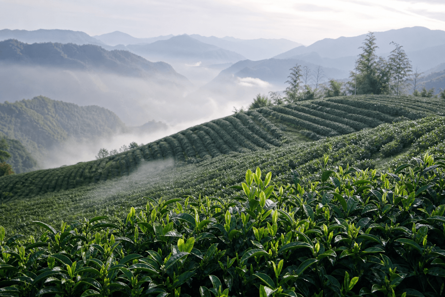 A pristine misty high-mountain tea garden in Nantou, central Taiwan, with terraced rows of tea bushes and layered peaks