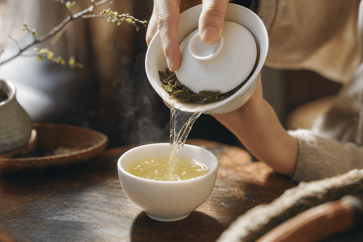 Pale jade-green Mountain Crown Signature Oolong being poured from a white gaiwan into a small cup, steam rising