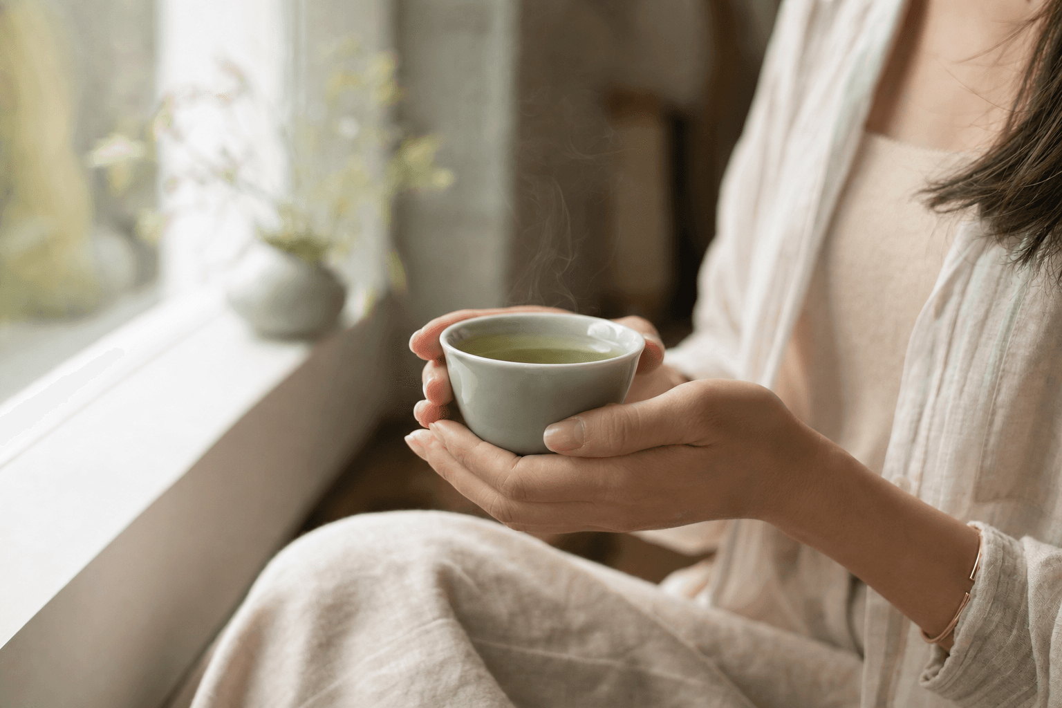 A woman by a sunlit window cradling a small warm cup of pale jade Mountain Crown Signature Oolong in both hands, at rest