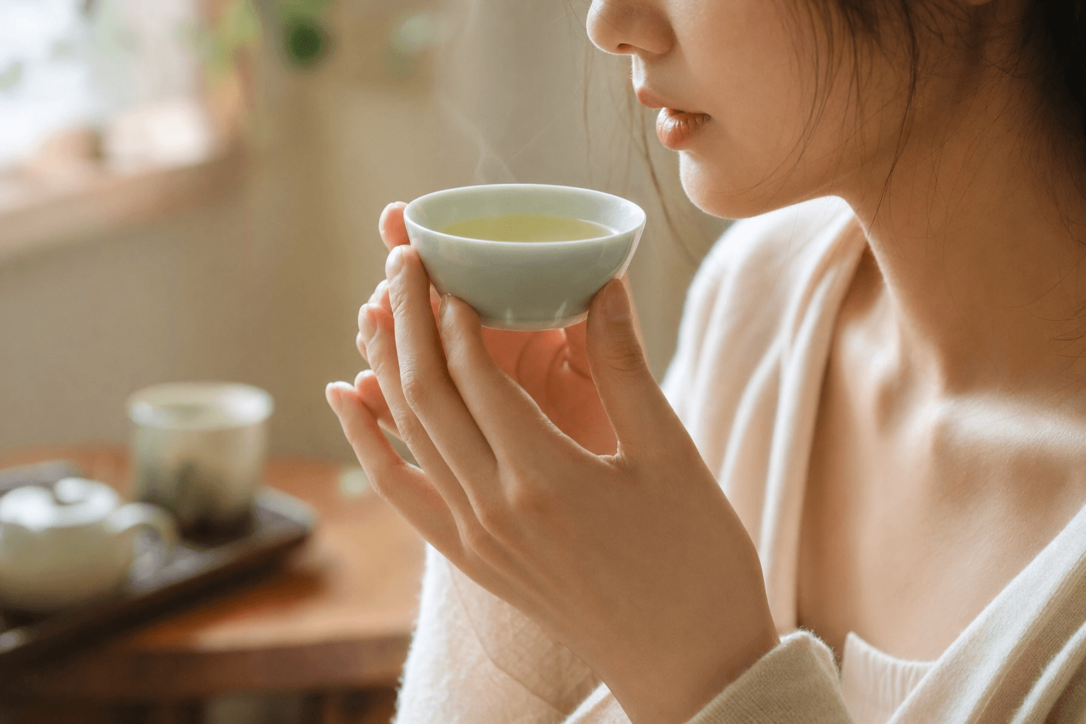 A young woman raising a small celadon cup of pale jade Mountain Crown Signature Oolong to her lips, cradled in both hands, her face only partly visible