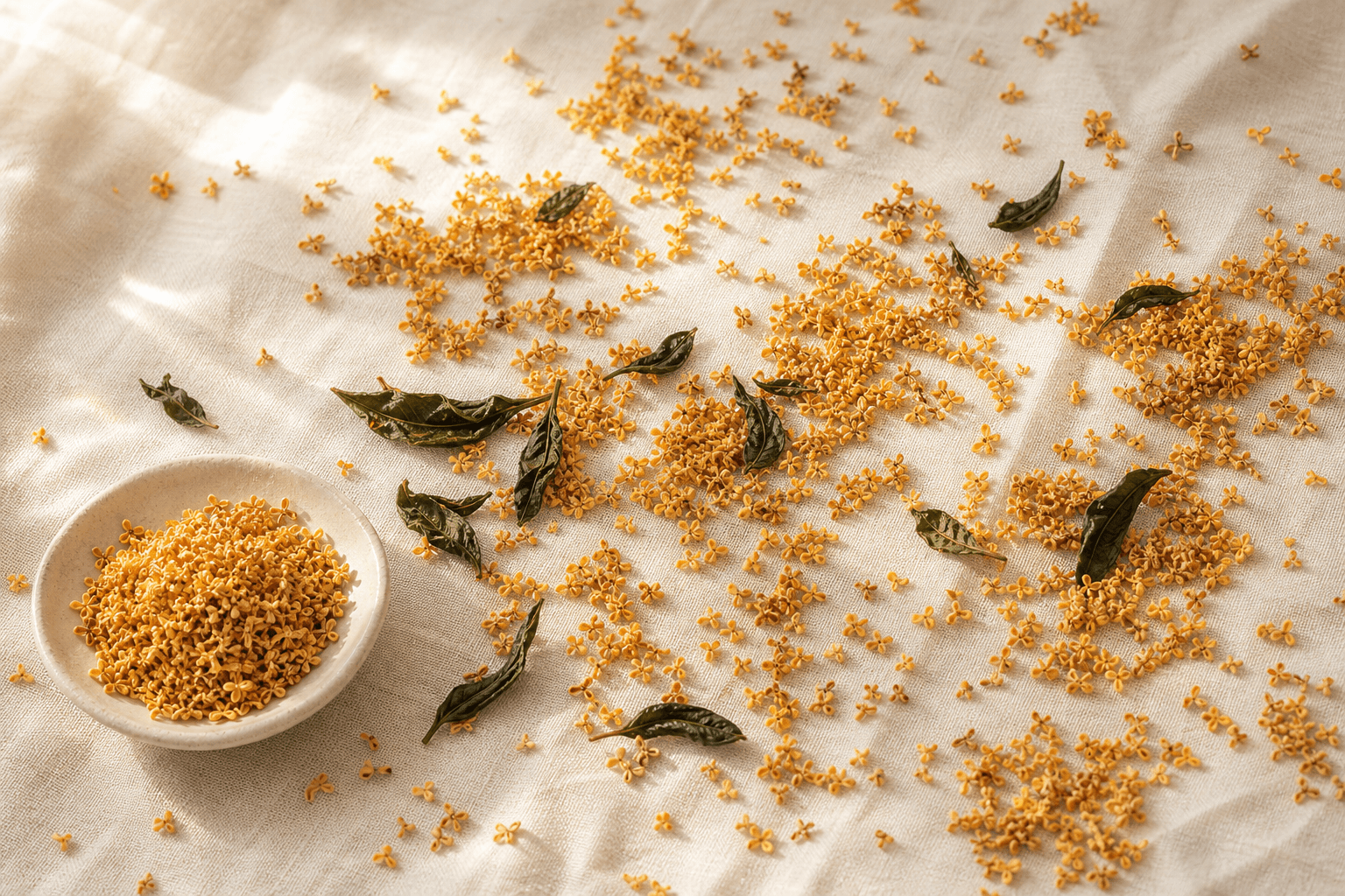 An abundance of golden osmanthus blossoms scattered on cream linen with a few jade tea leaves