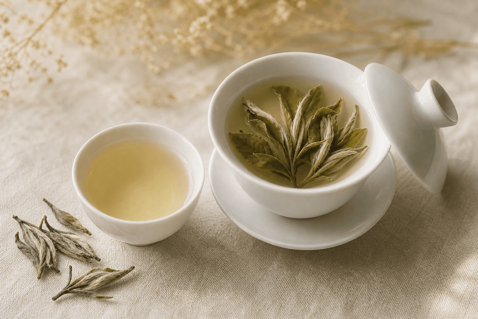 Pale champagne-yellow liquor in a small white porcelain cup with an open gaiwan beside it showing unfurled bud-and-leaf sprigs