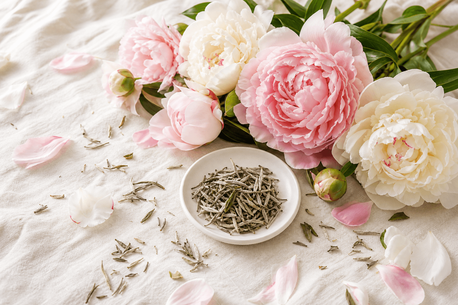 Soft pink and white peony flowers beside a small saucer of dry Bai Mu Dan leaves on cream linen