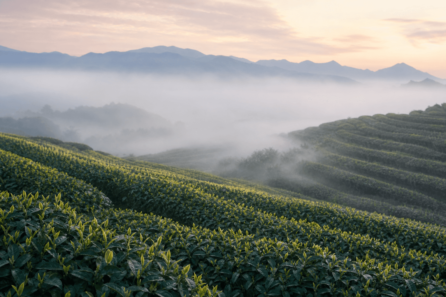 A Fuding tea garden in early spring — terraced rows of low Camellia sinensis bushes on a misty hillside