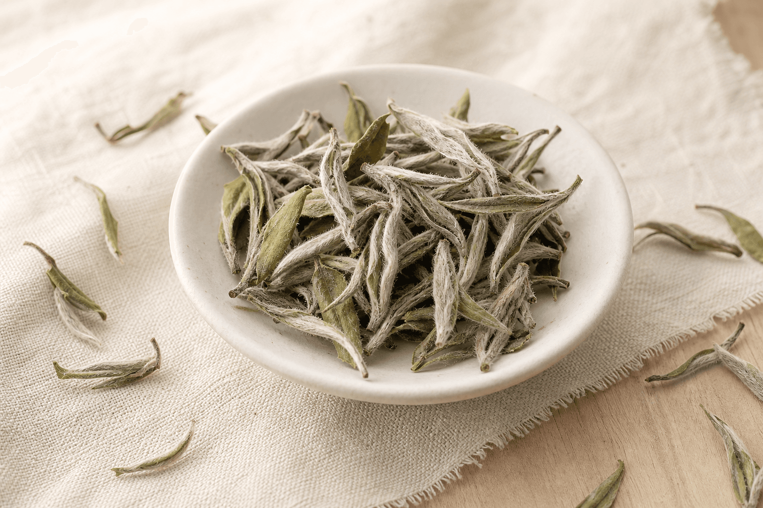 Loose-leaf Bai Mu Dan on cream linen — silver downy buds attached to pale grey-green young leaves
