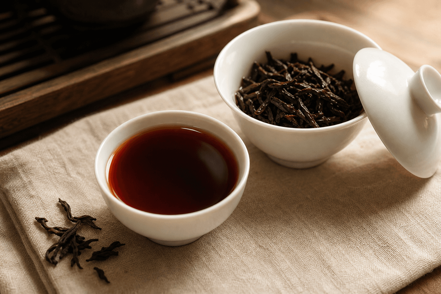 Brewed ripe pu-erh in a small white porcelain cup, deep mahogany-red liquor, gaiwan beside showing dark wet leaves