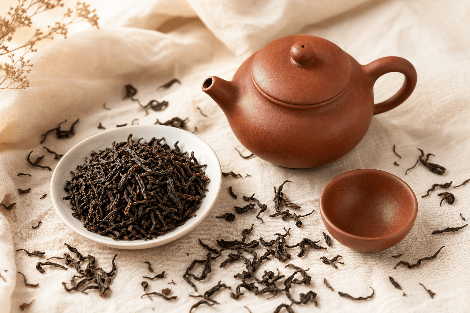 A clay yixing teapot beside loose-leaf shou pu-erh arranged on cream linen, warm earth tones