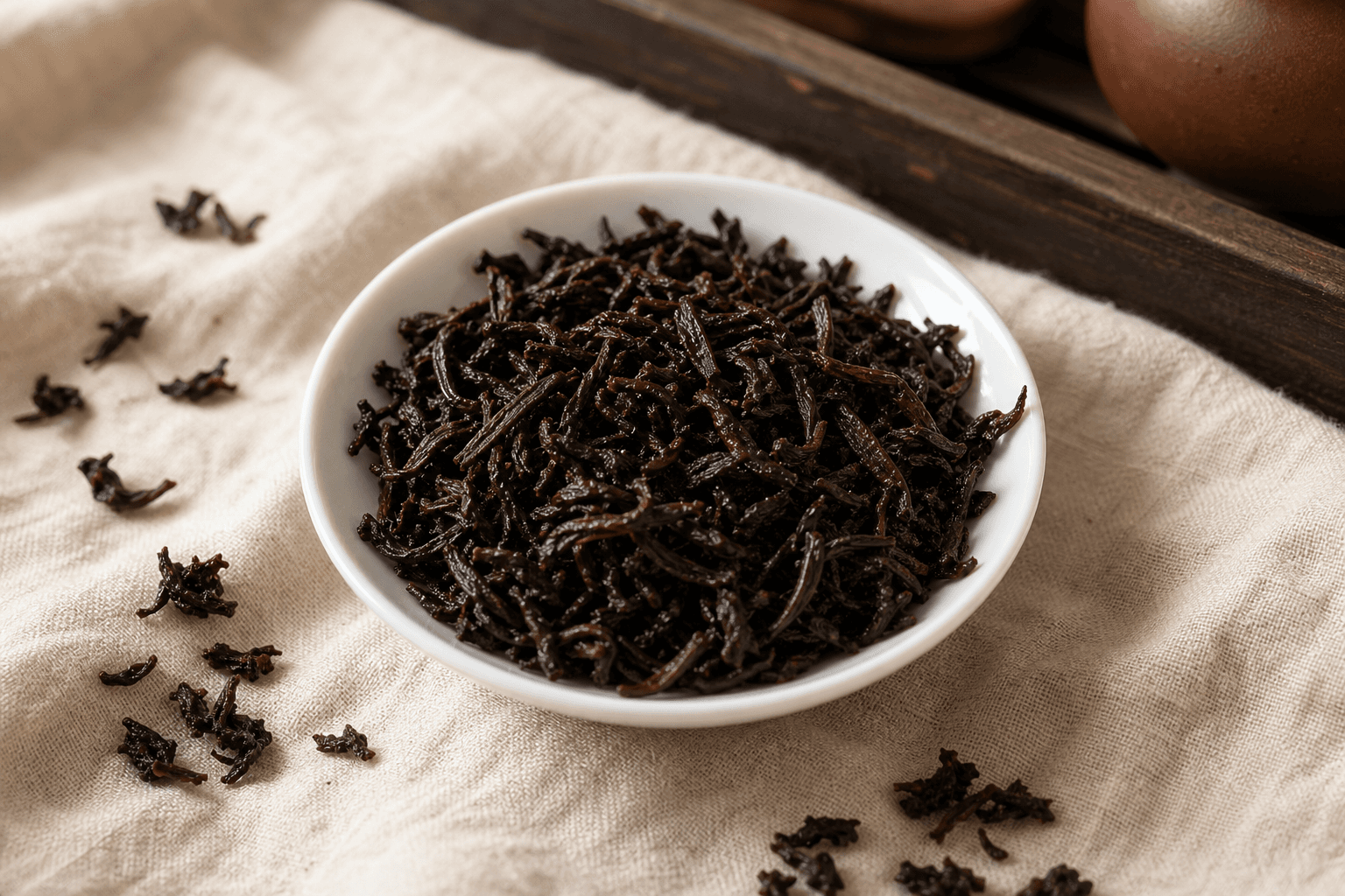 Loose-leaf ripe pu-erh in a small white porcelain dish, dark twisted fermented leaves on cream linen