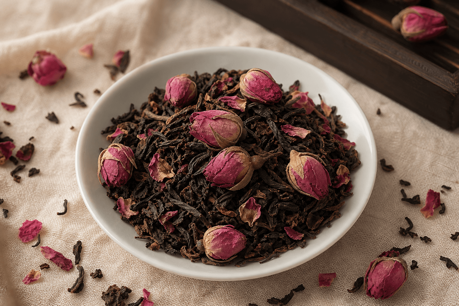Loose-leaf rose pu-erh in a porcelain dish, dried rose buds visible among the dark fermented leaves