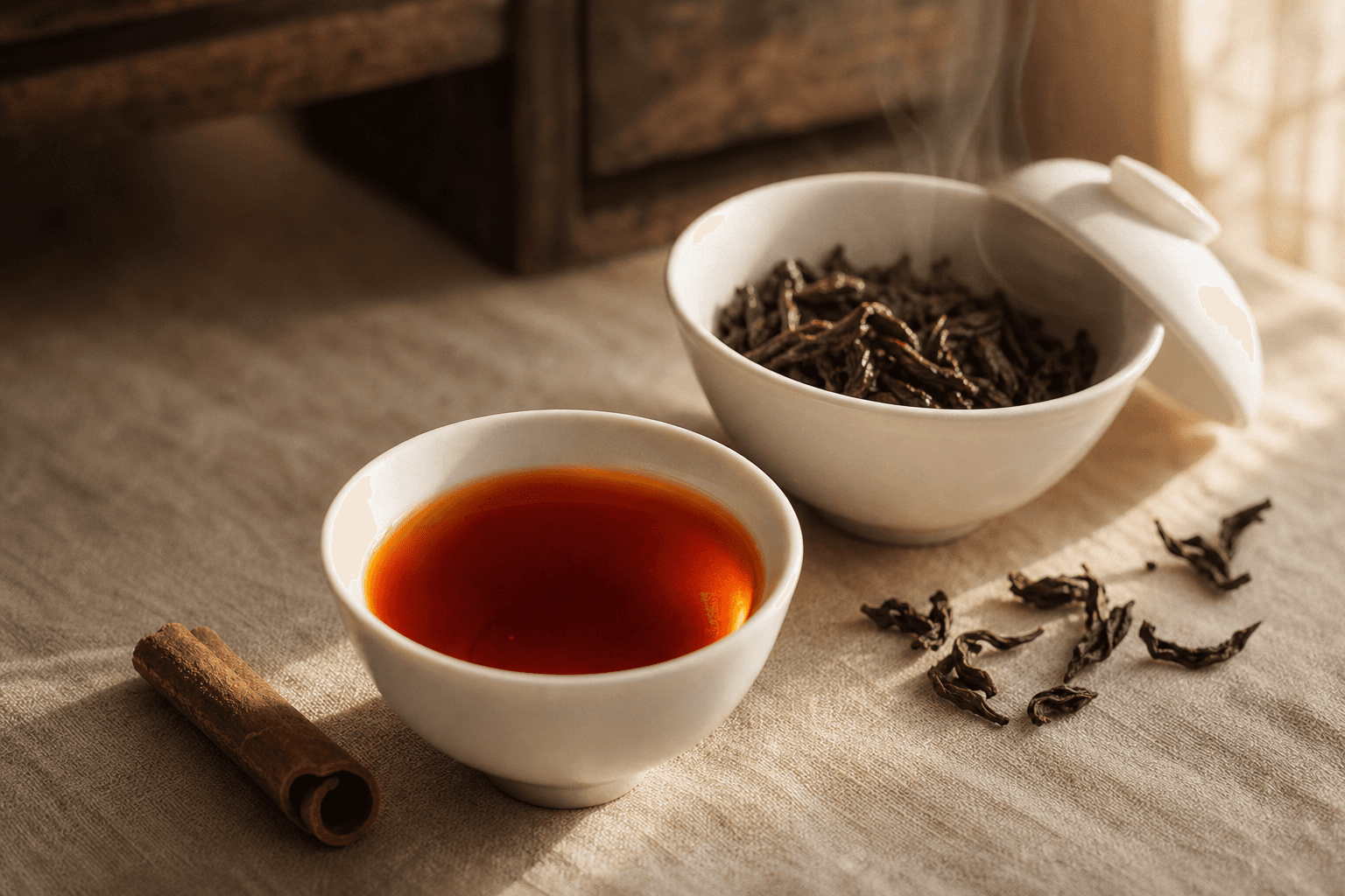 Deep red-amber Rou Gui liquor in a small white porcelain cup beside an open gaiwan showing dark wet roasted leaves, with a small cassia stick on the linen