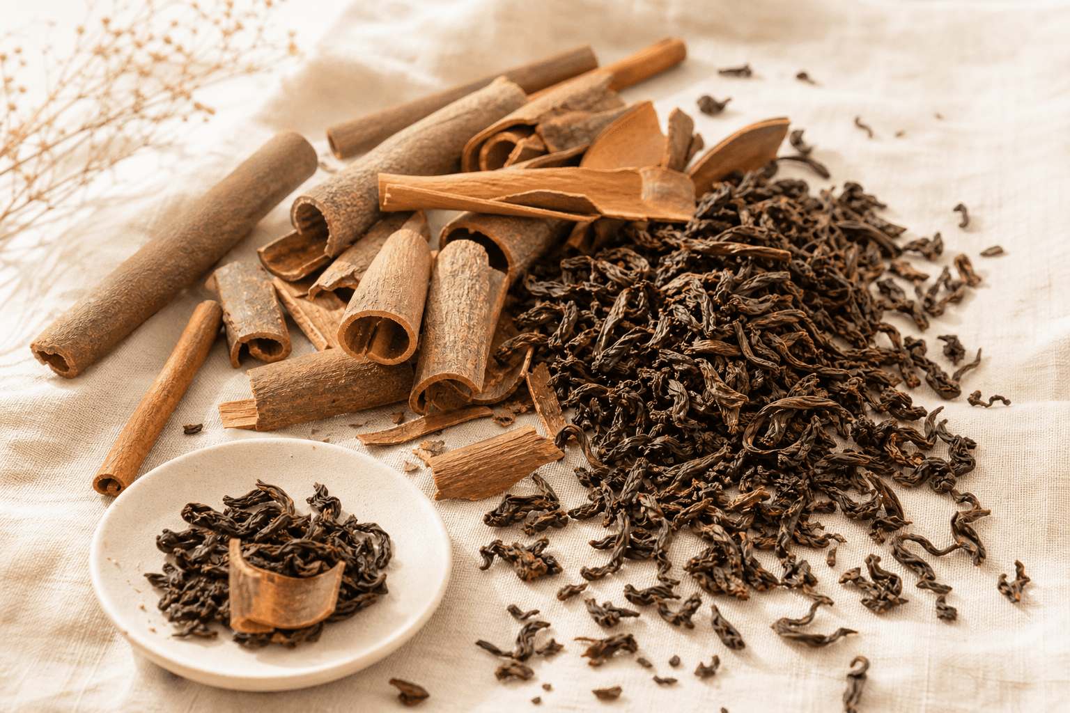 A bright still life of dark roasted Rou Gui leaves arranged with curls of cassia bark and cinnamon sticks on warm cream linen