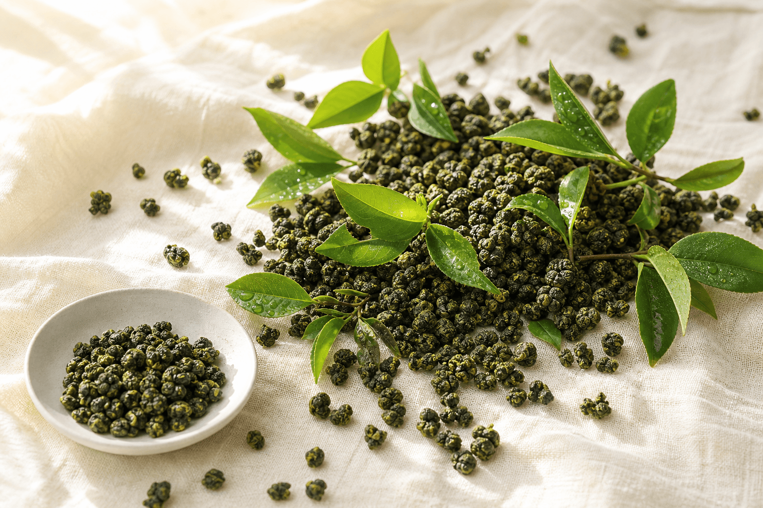 Jade-green tightly rolled Tieguanyin leaves arranged in abundance on cream linen, with fresh tea leaves and morning light