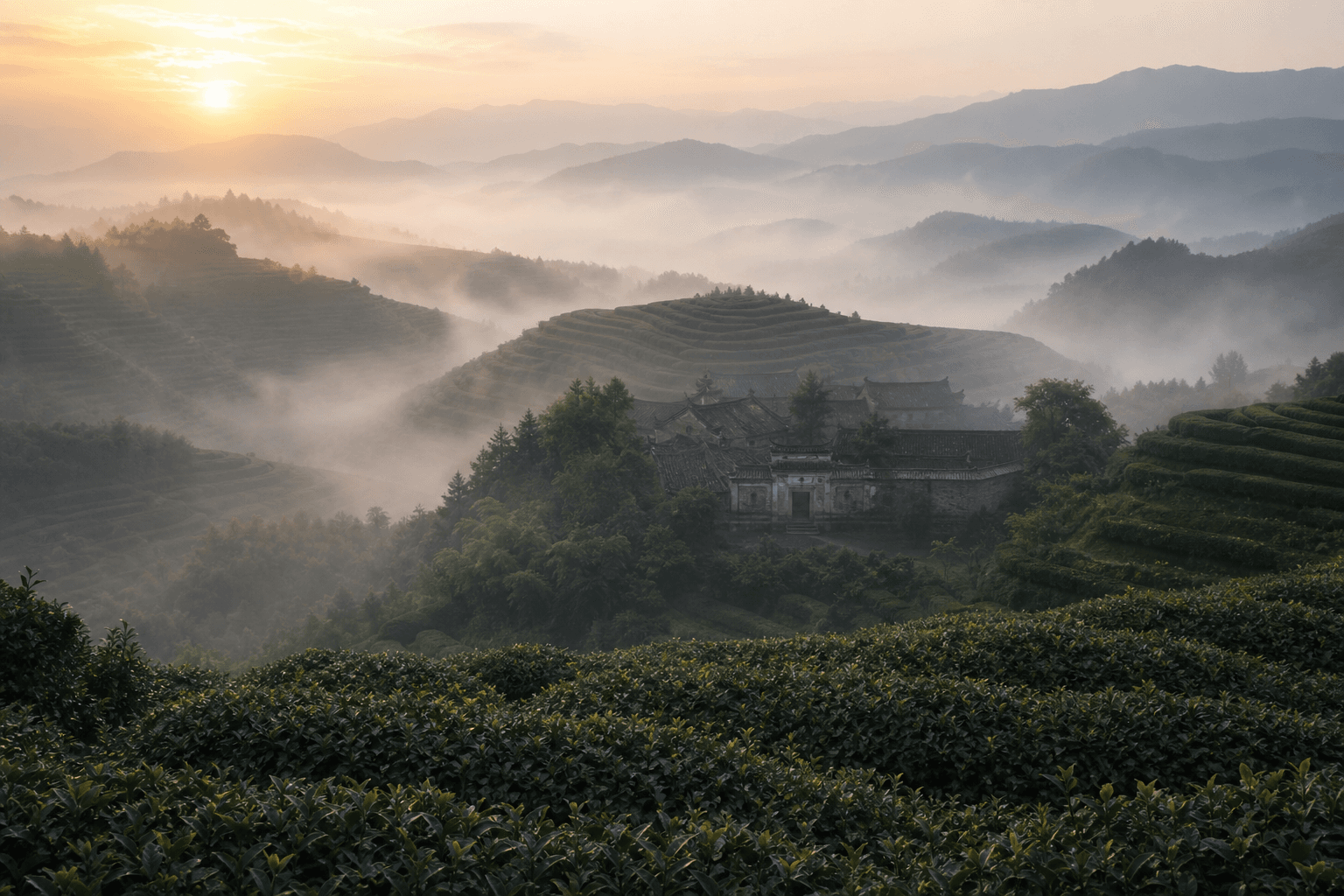 Misty terraced tea fields in the Anxi hills at dawn, with stone walls and a low temple gate visible in the distance