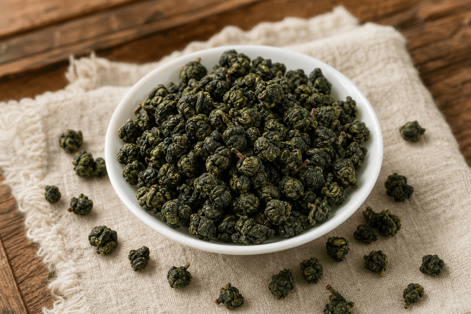 Tightly rolled jade-green Tieguanyin leaves clustered in a small dish, showing the dense ball shape and slight surface bloom