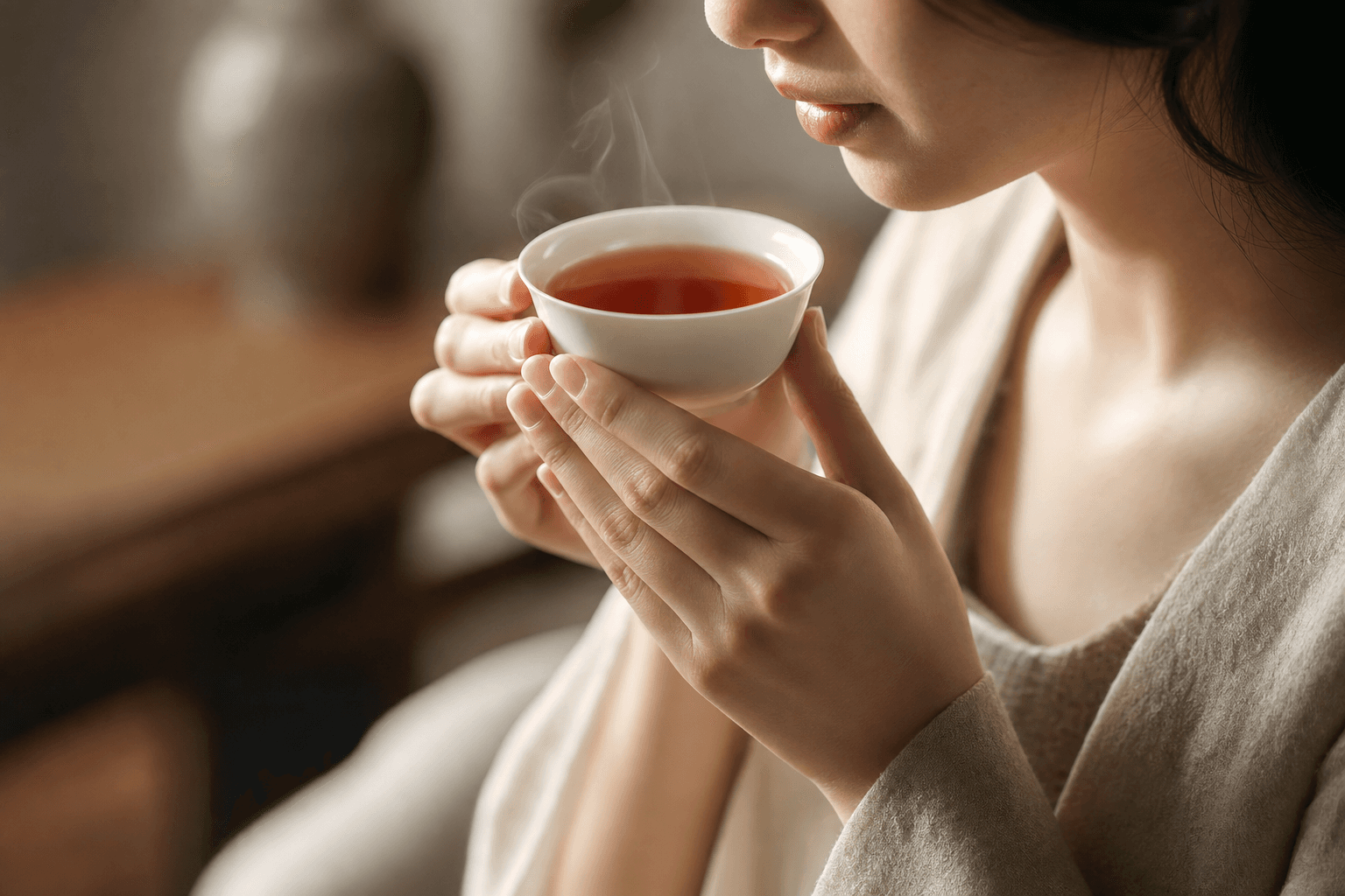 A poised woman bringing a small white porcelain cup of clear reddish-brown Yunnan Crown Reserve Black Tea up to savour it, her face only partly visible