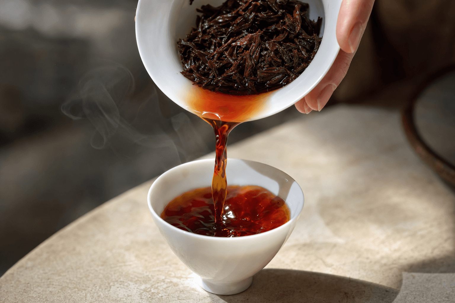 Dark reddish-brown Yunnan Crown Reserve Pu-erh poured from a white gaiwan into a small cup, steam rising