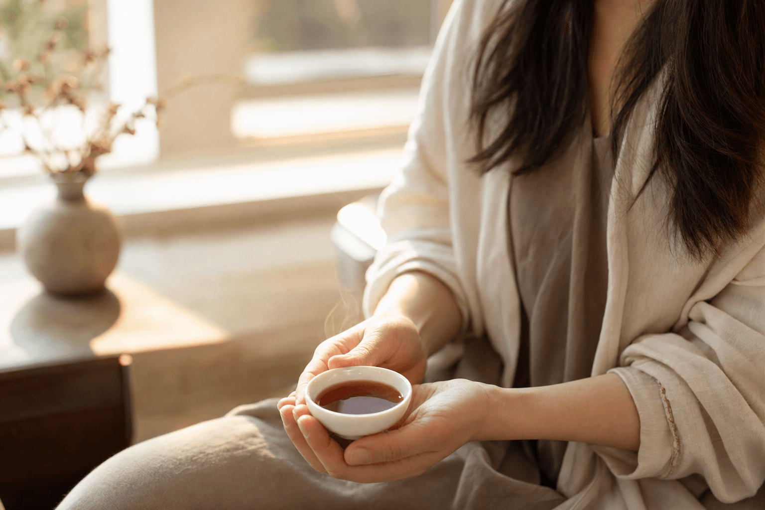 A poised woman by a bright window cradling a small white porcelain cup of dark reddish-brown Yunnan Crown Reserve Pu-erh, at rest