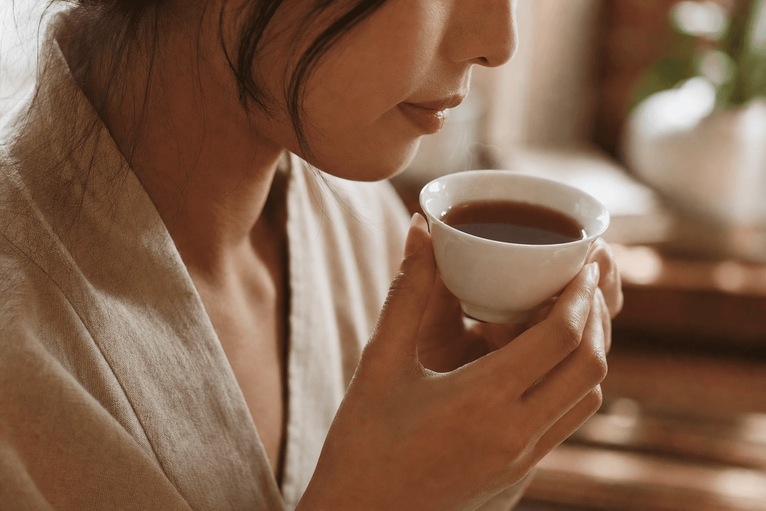 A poised woman bringing a small white porcelain cup of dark reddish-brown Yunnan Crown Reserve Pu-erh up to savour it, her face only partly visible