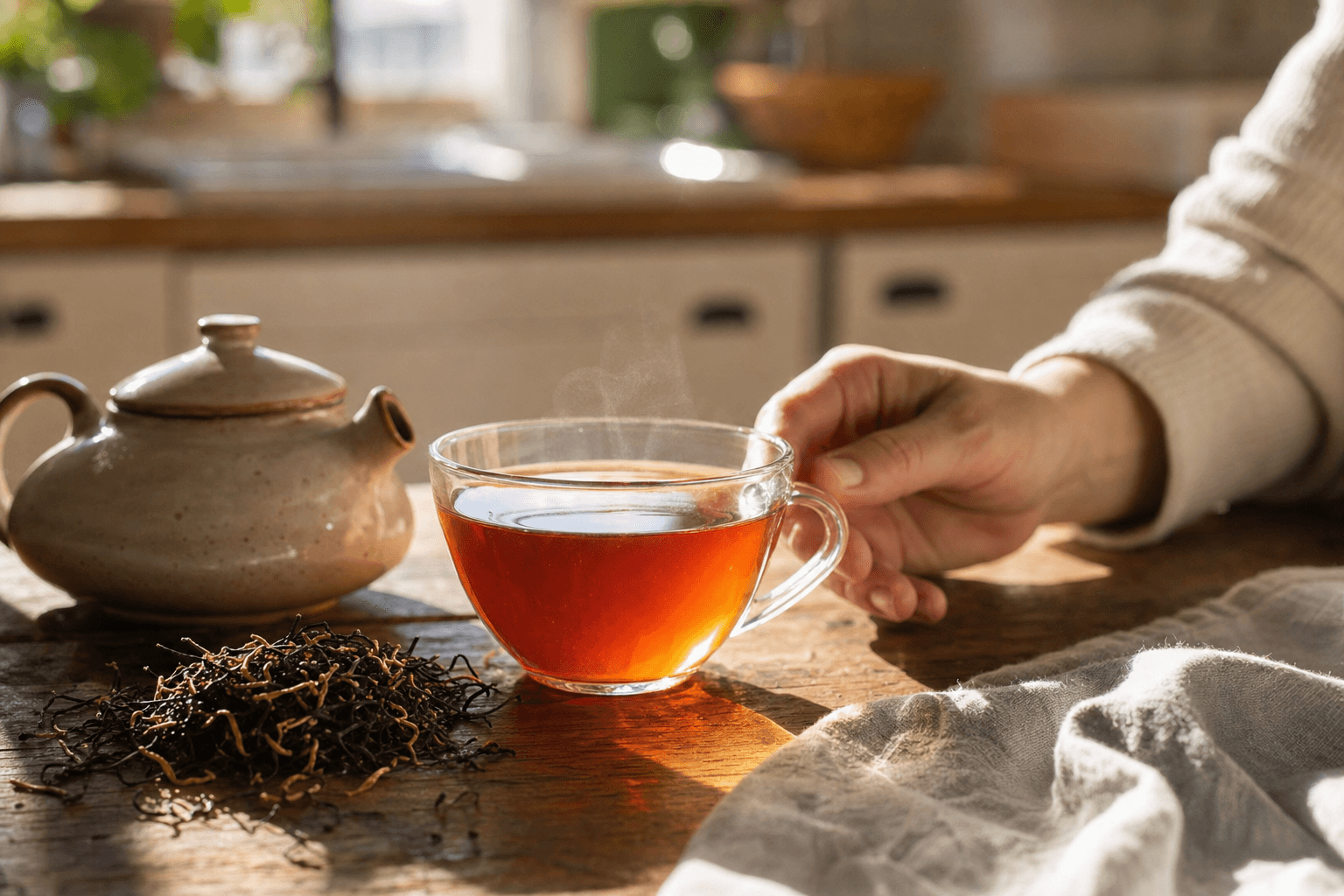 A simple cup of clear reddish-brown Yunnan Crown Select Black Tea on a wooden kitchen table in warm light, steam rising