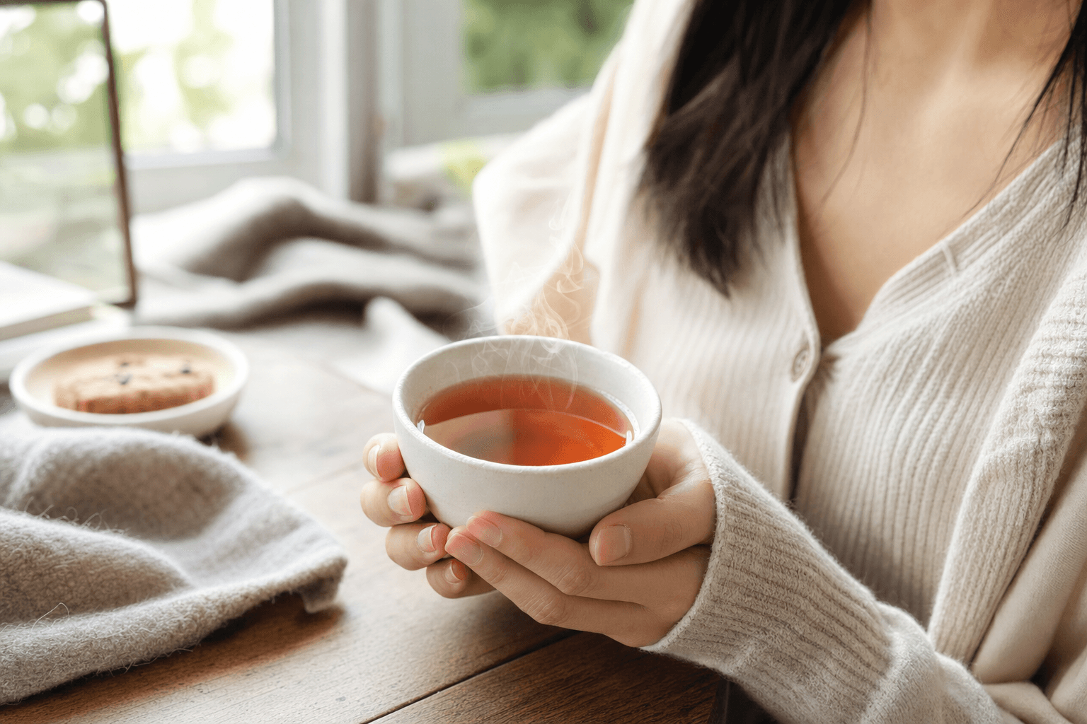A woman relaxed at home cradling a simple cup of clear reddish-brown Yunnan Crown Select Black Tea in both hands, at rest