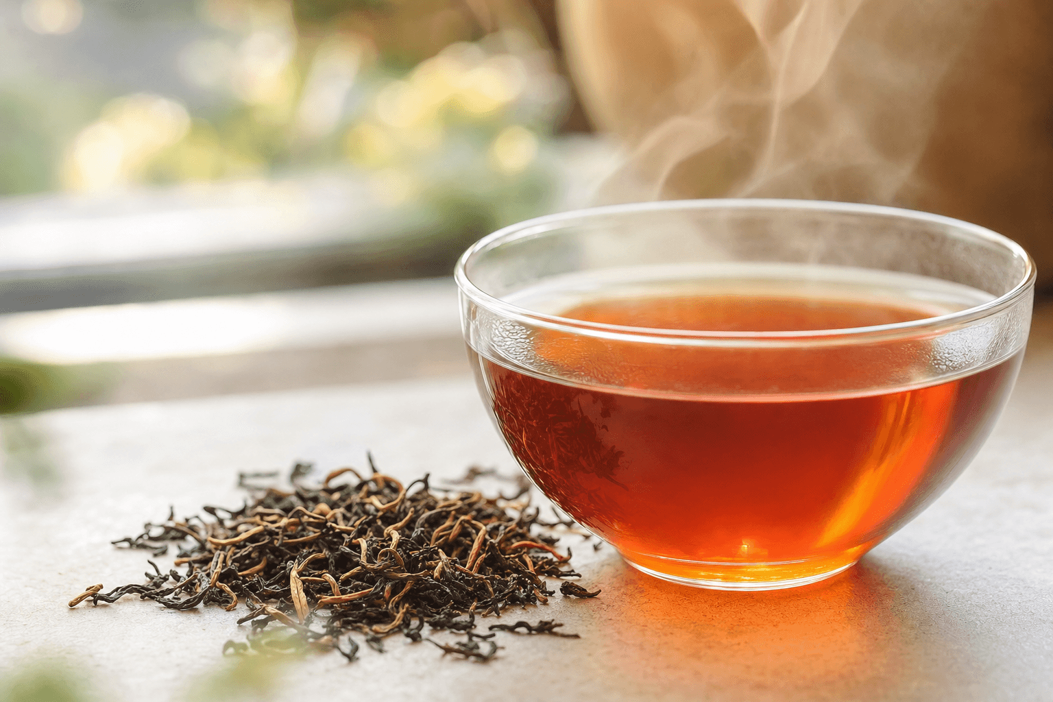 A clear glass cup of bright reddish-brown Yunnan Crown Signature Black Tea with steam rising and loose golden-tipped leaf beside it