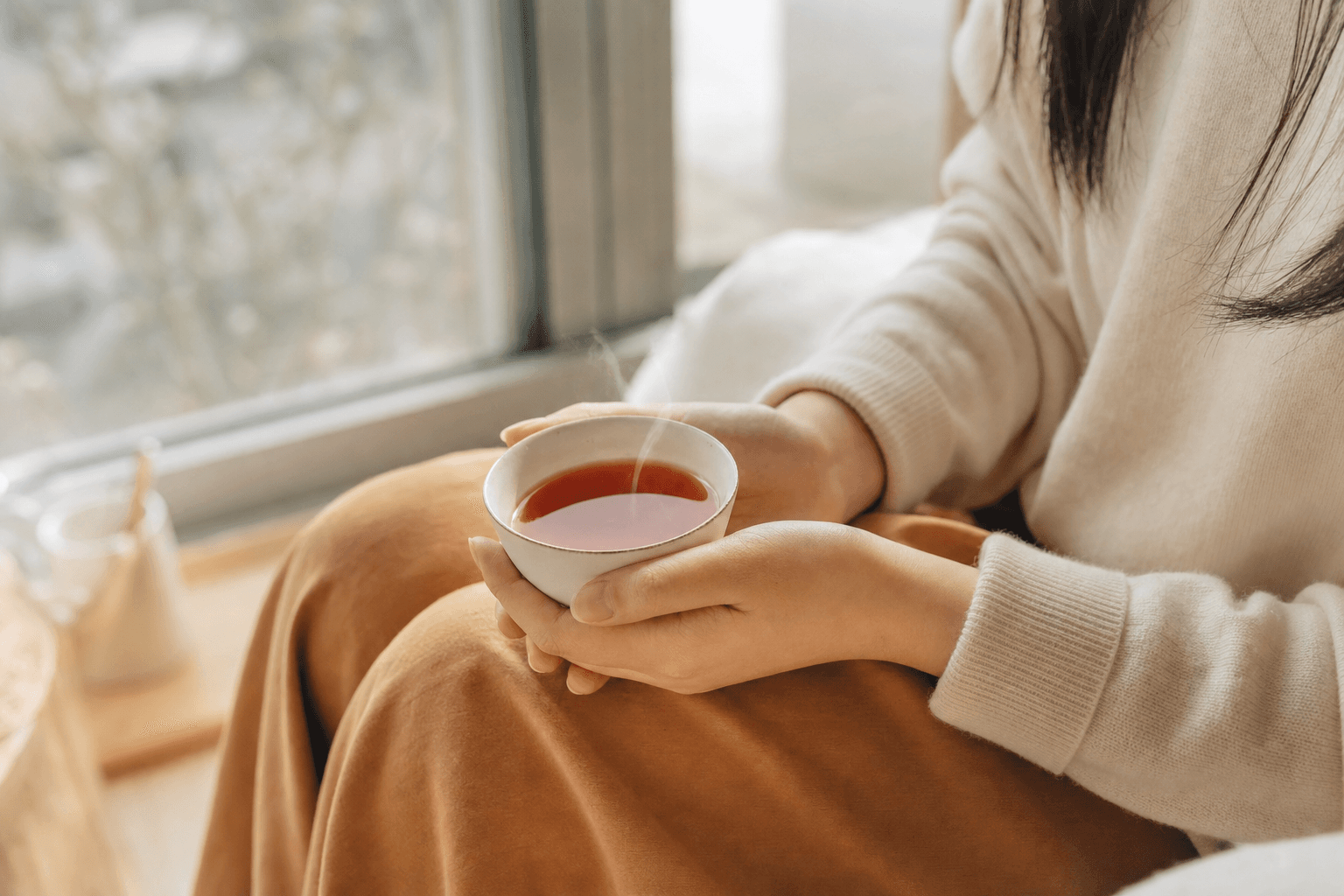 A young woman by a sunlit window cradling a small cup of clear reddish-brown Yunnan Crown Signature Black Tea, at rest