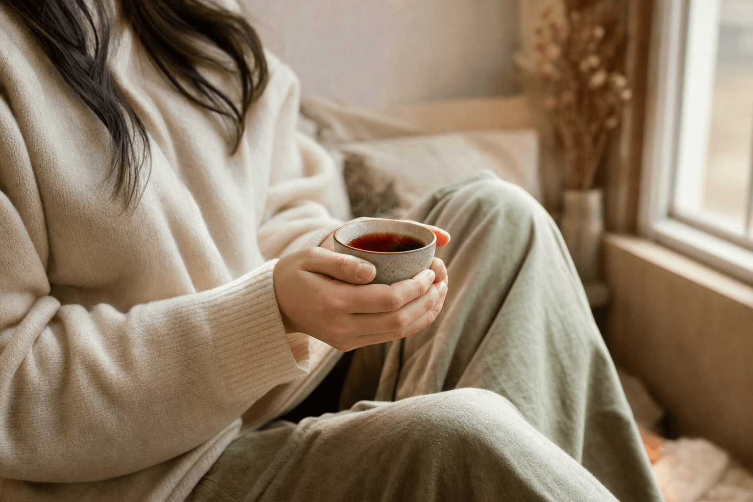A young woman by a sunlit window cradling a small cup of dark reddish-brown Yunnan Crown Signature Pu-erh in both hands, at rest