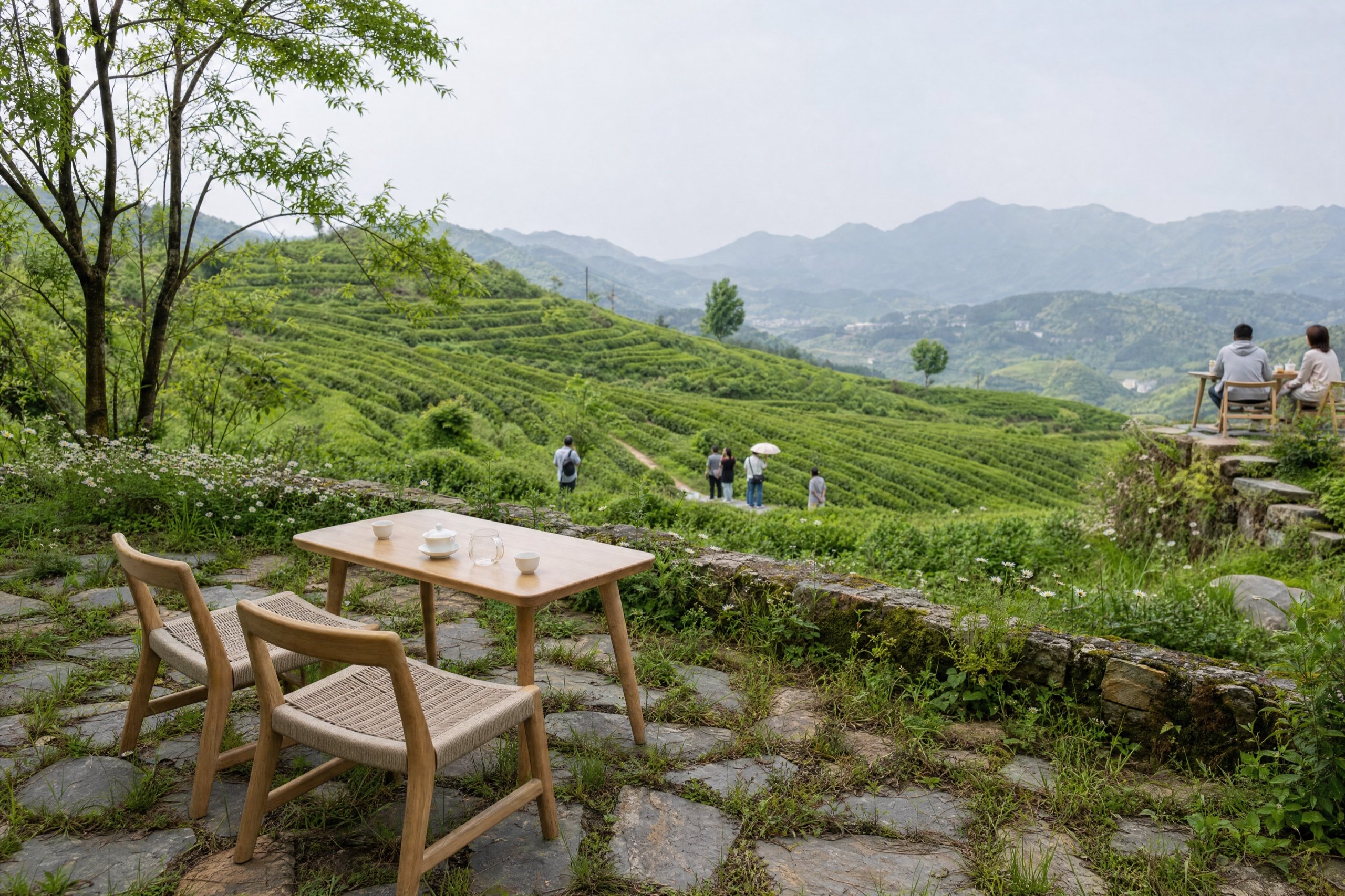 An outdoor tea table set with a white gaiwan and cups, overlooking terraced tea rows where visitors walk the hillside paths