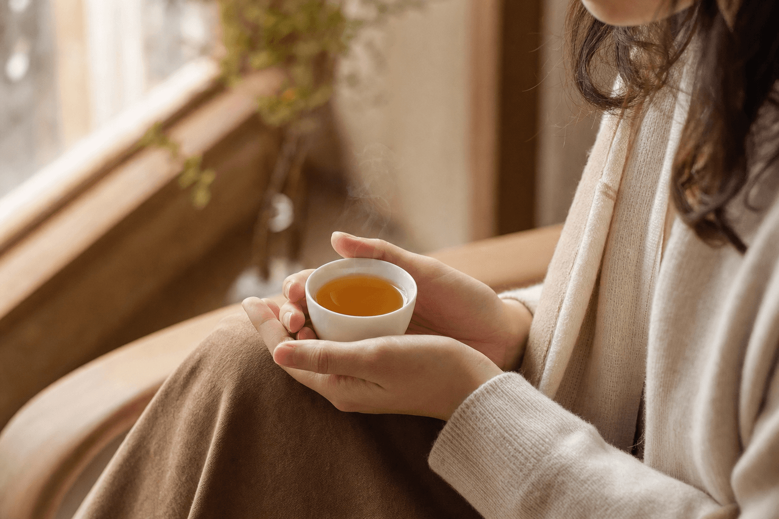 A poised woman by a bright window cradling a small white porcelain cup of golden-brown Ember Crown Reserve Dark Oolong, at rest