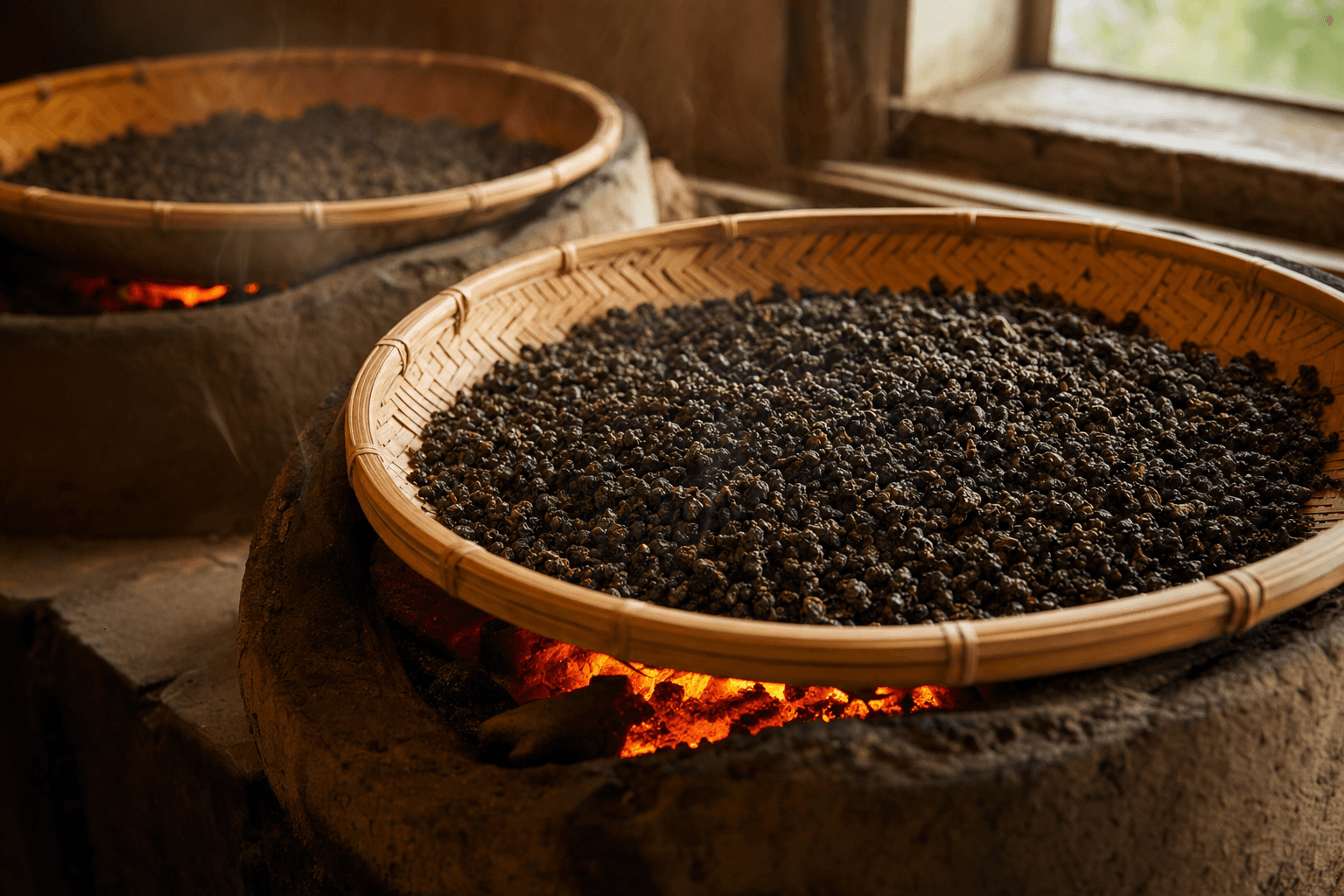 Traditional round bamboo charcoal-roasting baskets of rolled oolong over glowing embers in a warm Taiwanese roasting room