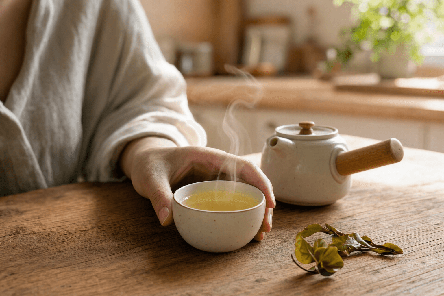A simple cup of pale green-yellow Mountain Crown Select Oolong on a wooden kitchen table in warm morning light, steam rising