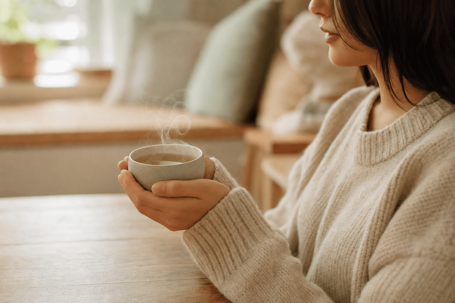 A woman relaxed at home cradling a simple warm cup of pale jade Mountain Crown Select Oolong in both hands, at rest