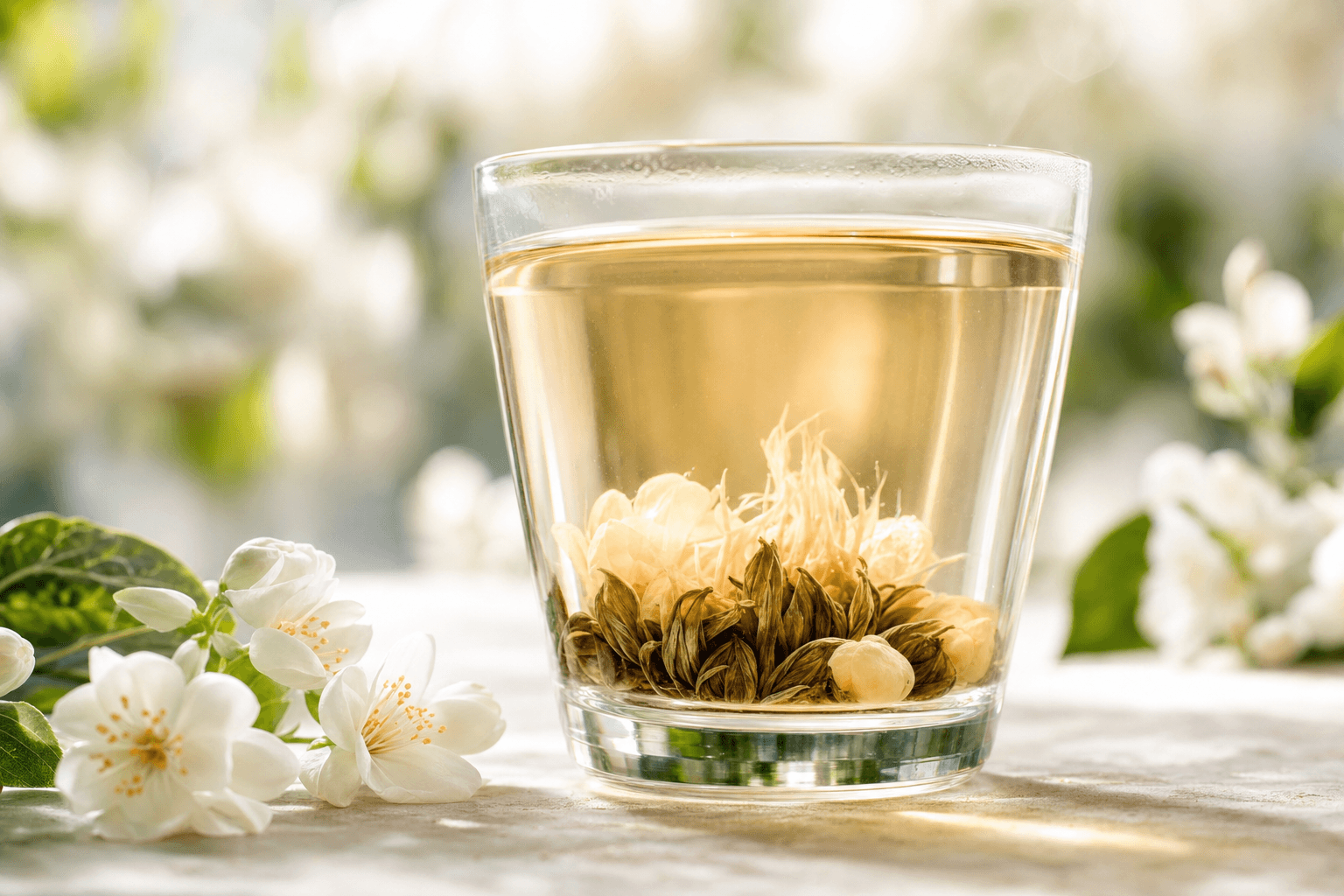 A glass cup of pale peach Pearl Jasmine tea with unfurling pearls and a jasmine blossom beside it