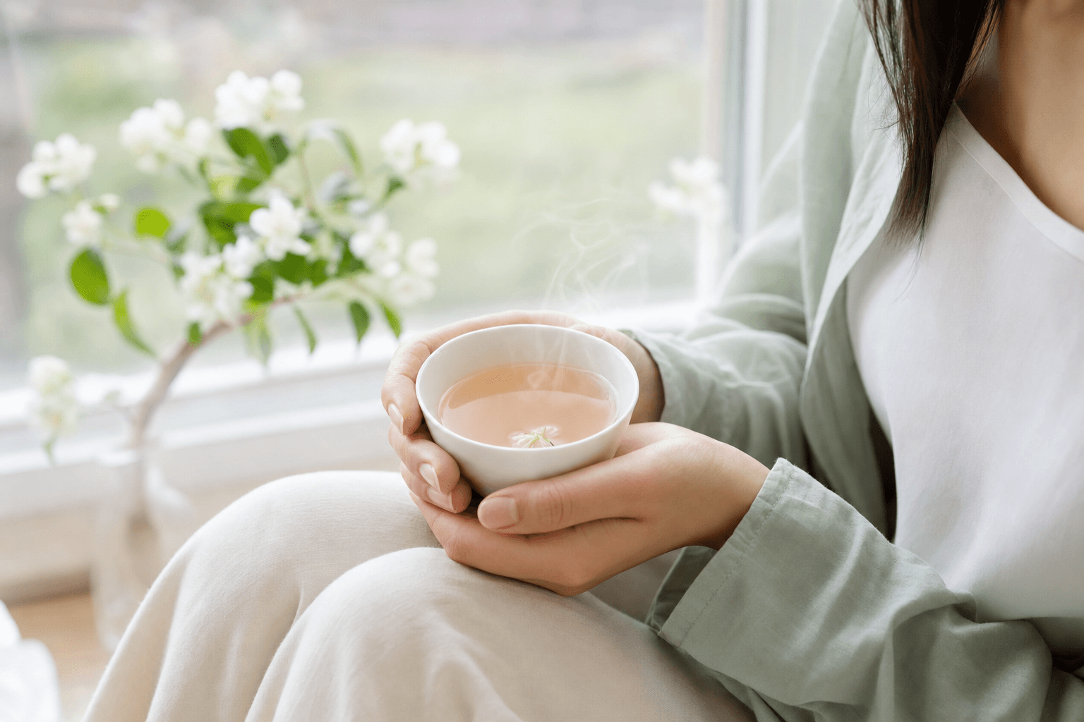 A woman by a bright window cradling a small cup of pale Pearl Jasmine tea, at rest, with jasmine blossoms nearby